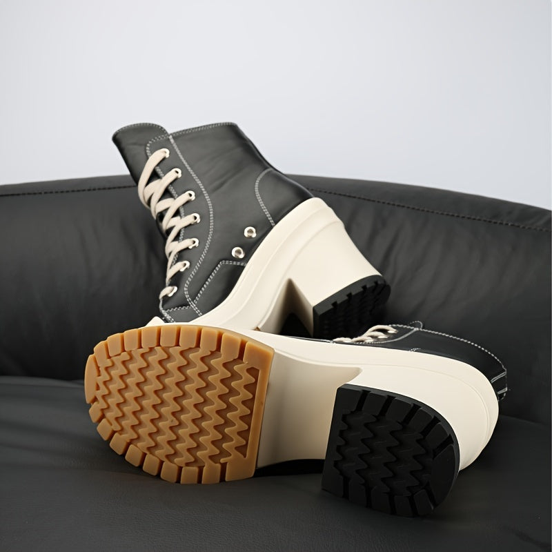 Women's Chunky Platform Ankle Boots Casual High Heel Short Boots Solid Color