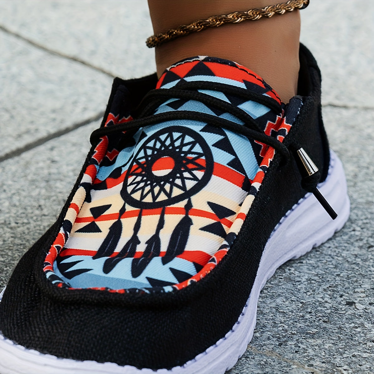 Women's Black Breathable Slip-On Flat Sneakers with Elastic Straps