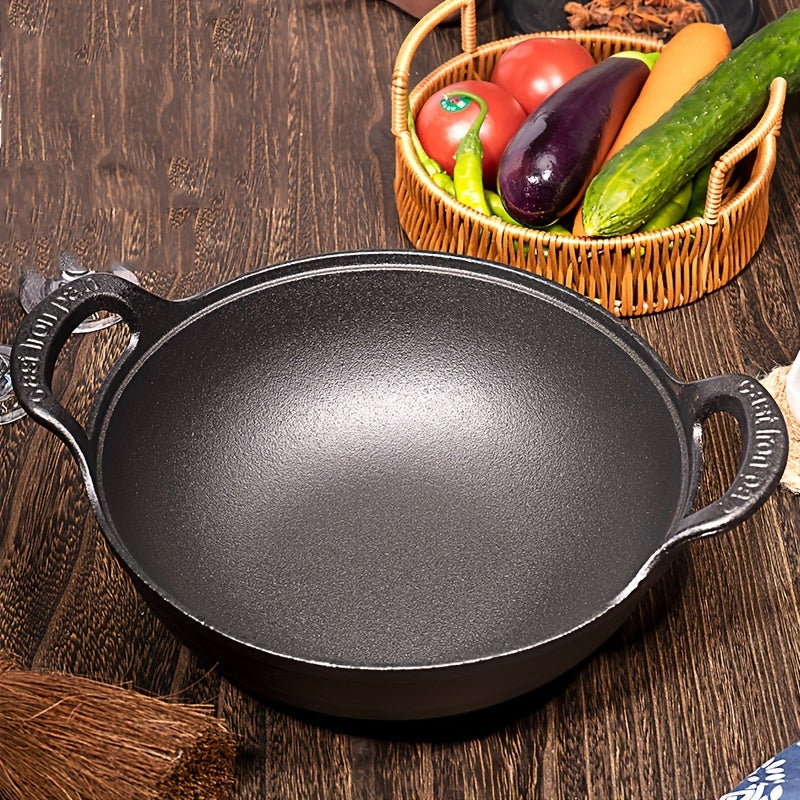 Wok chino de hierro fundido y sartén para saltear duradera, utensilios de cocina de hierro sin recubrimiento