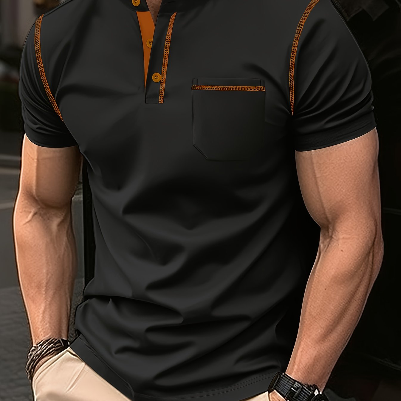 Camisa polo de punto de poliéster para hombre con bolsillo, manga corta, cuello alto, ajuste regular, casual