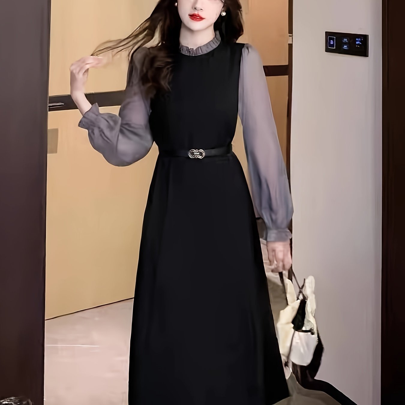 Color Block Ruffle Trim Dress Long Sleeve Aline Women's Spring Fall