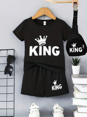 Boys' Casual Outfit Set Black "KING" Crown Print Polyester T-Shirt Shorts Crossbody Bag Spring Summer