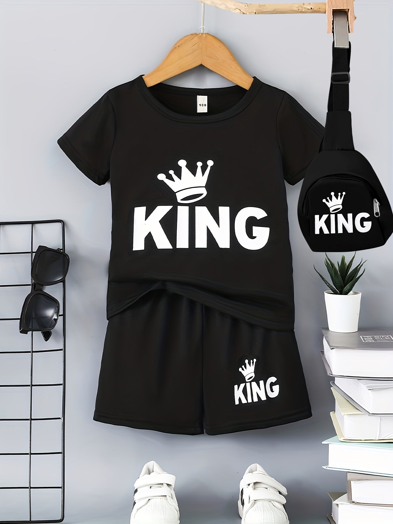Boys' Casual Outfit Set Black "KING" Crown Print Polyester T-Shirt Shorts Crossbody Bag Spring Summer