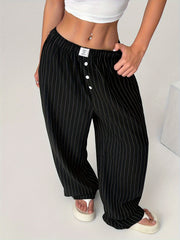 Pantalones de mujer de talla grande con rayas anchas, botones y cintura elástica