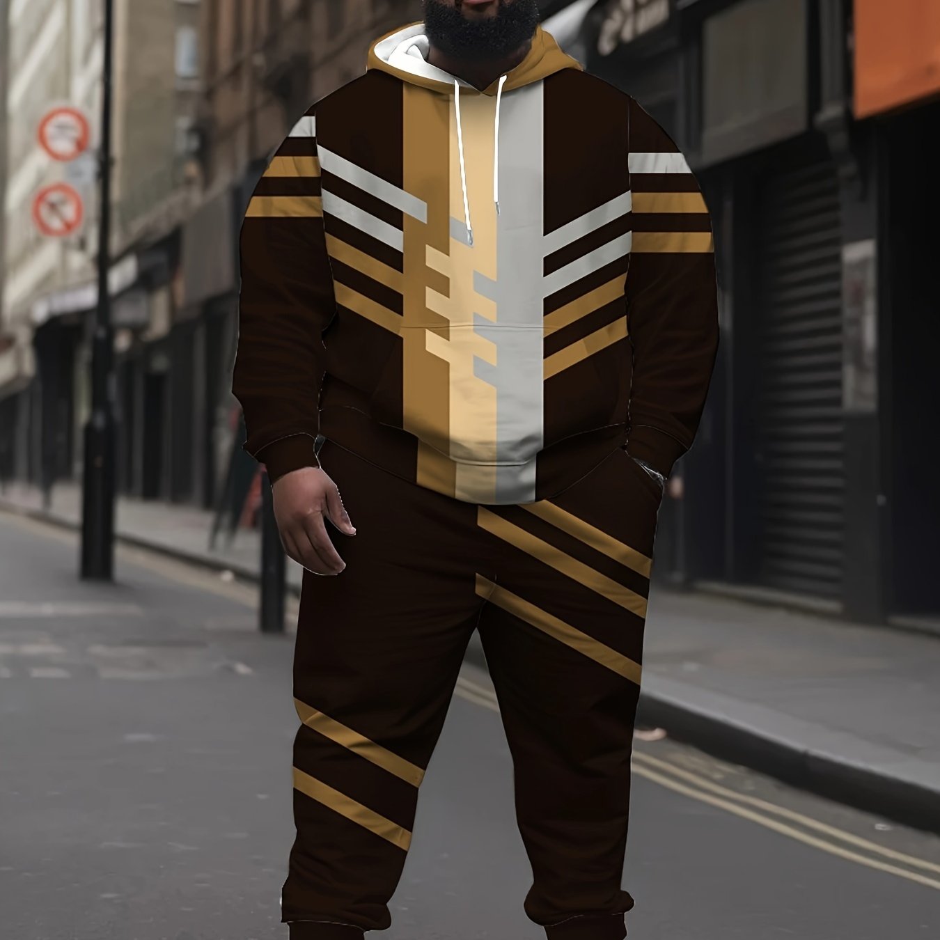 Men's Plus Size Hoodie Tracksuit with Color Block Design Polyester Casual