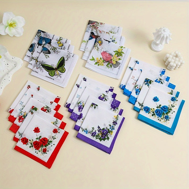 Set of 6 Cotton Handkerchiefs for Men and Women Butterfly and Bird Prints Soft and Absorbent