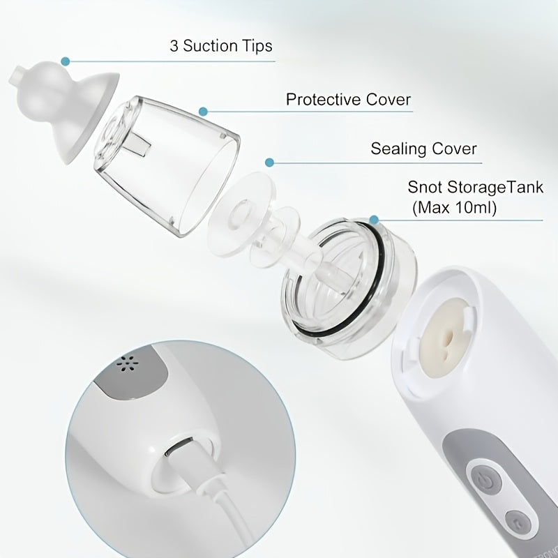 Aspirador nasal eléctrico portátil con succión ajustable, recargable por USB, música y cabezales de silicona