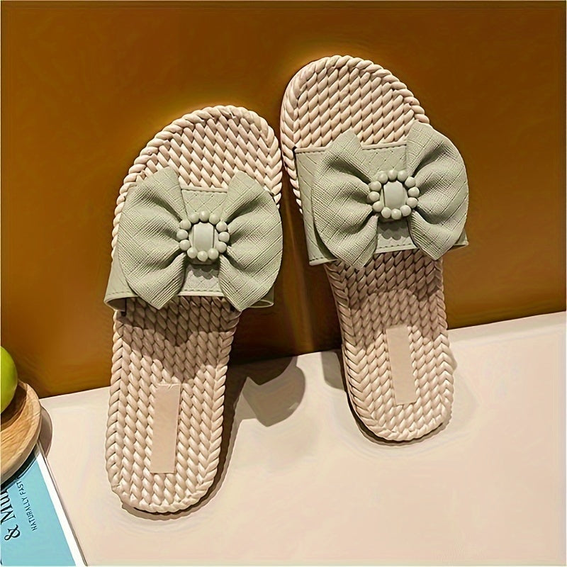 Women's PVC Slip-On Sandals with Bow and Bead Accents Open Toe Flat Heel Beach Wear