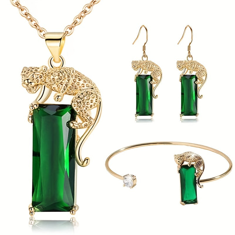 Green Zirconia Inlaid Rectangle Leopard Design Copper Jewelry Set with Earrings Necklace and Bracelet