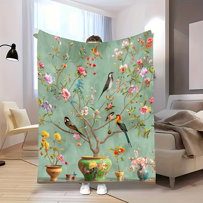 Green Floral and Bird Print Fleece Blanket for Home and Travel