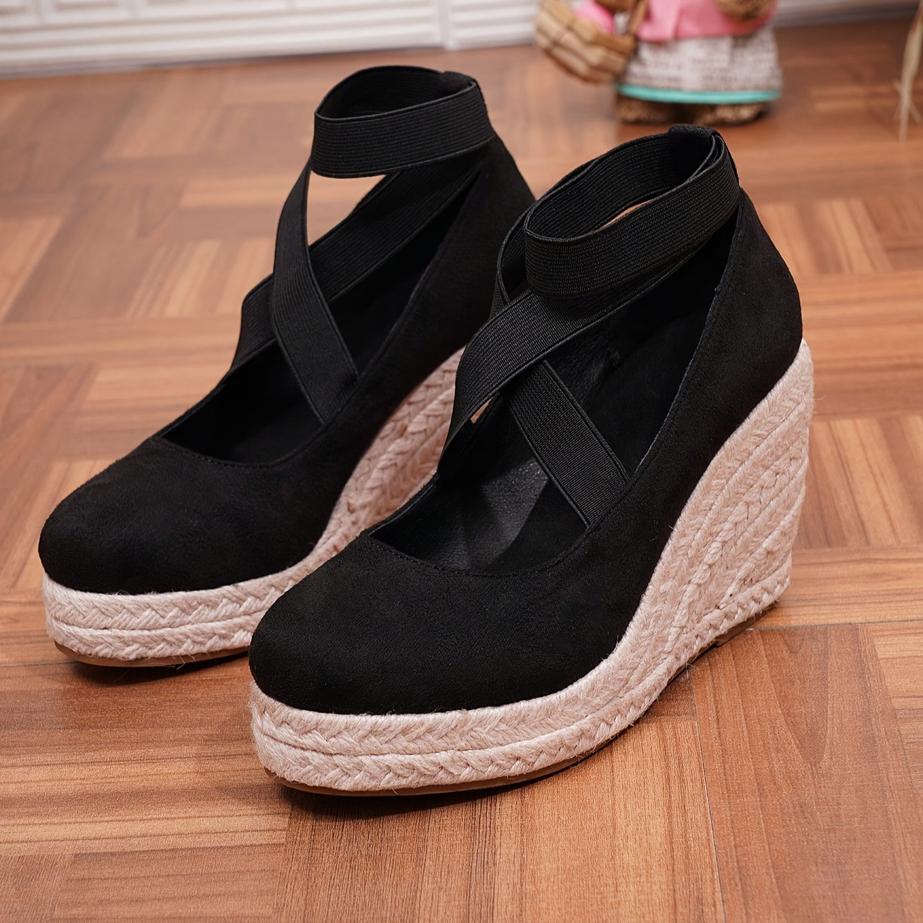 Ayollar uchun Wedge Espadrillari Qora Ipl Oyoq Kengashi Minimalist Bilak Qisqichlari Slip-Ons
