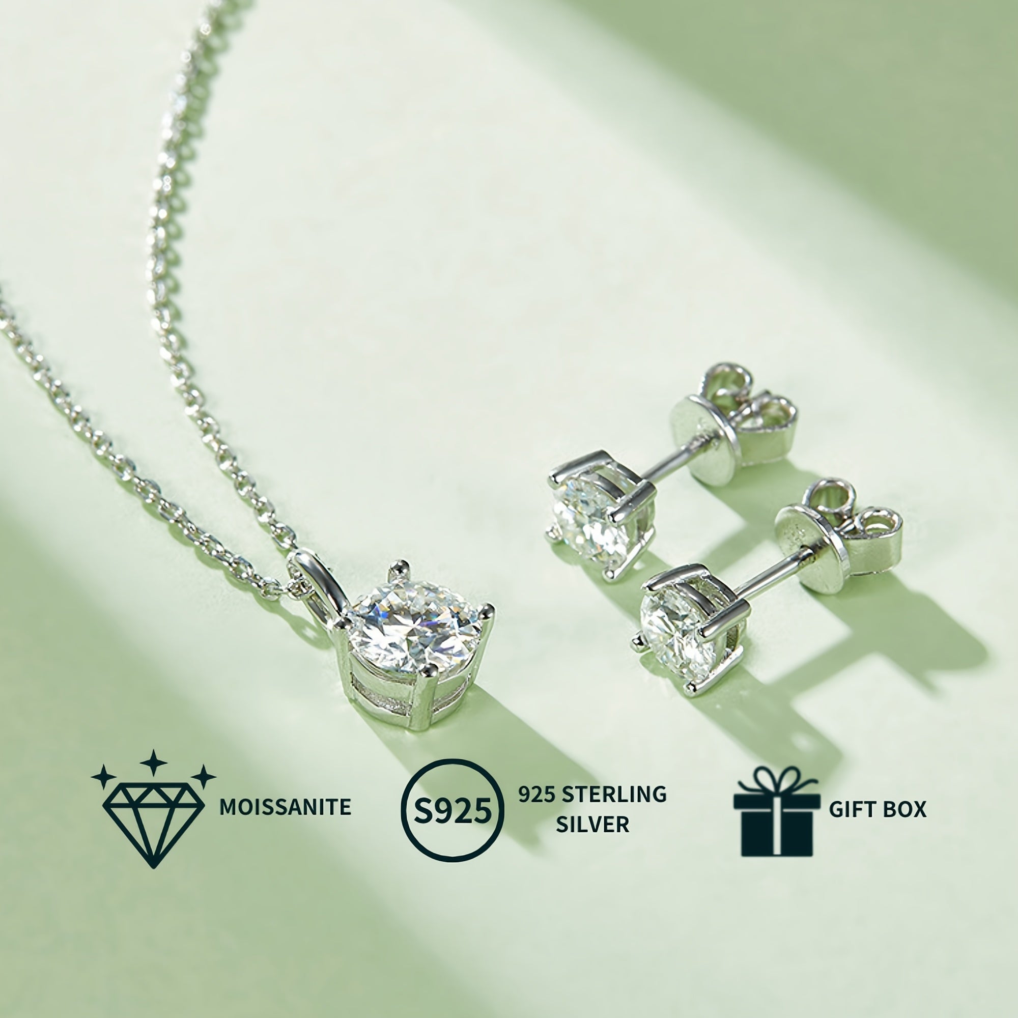 Moissanite Jewelry Set for Women 1.0CT Pendant Necklace and Stud Earrings White Gold Plated Silver Engagement Wedding Gift Box