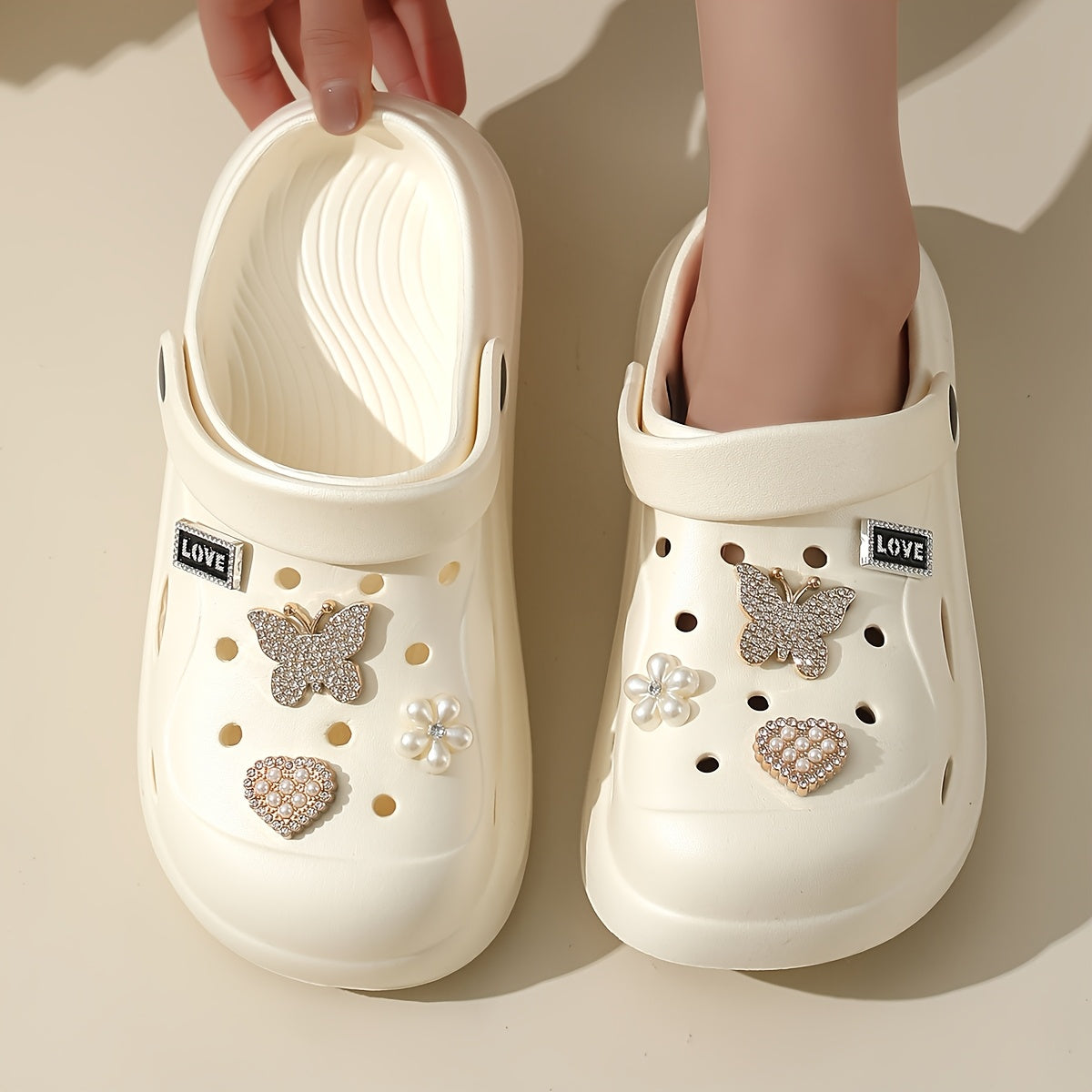 Women's EVA Clogs with Rhinestone Butterfly and Heart Charms, Summer Beach Sandals, White