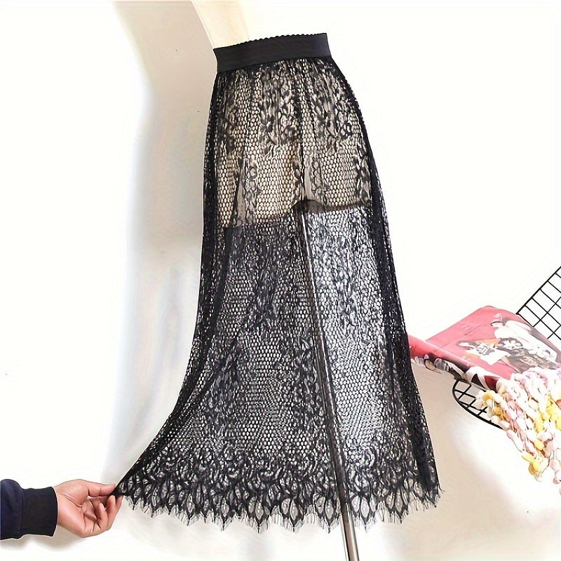 Victorian Gothic Sheer Tulle Skirt with Lace Petticoat for Women