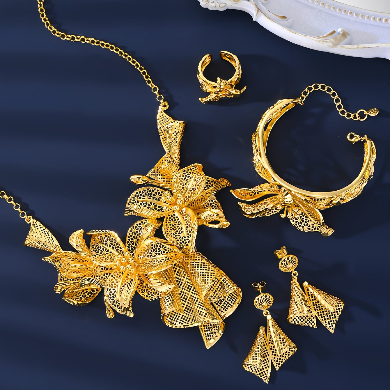 Gold Plated Jewelry Set with Floral Necklace Adjustable Ring and Pendant Earrings