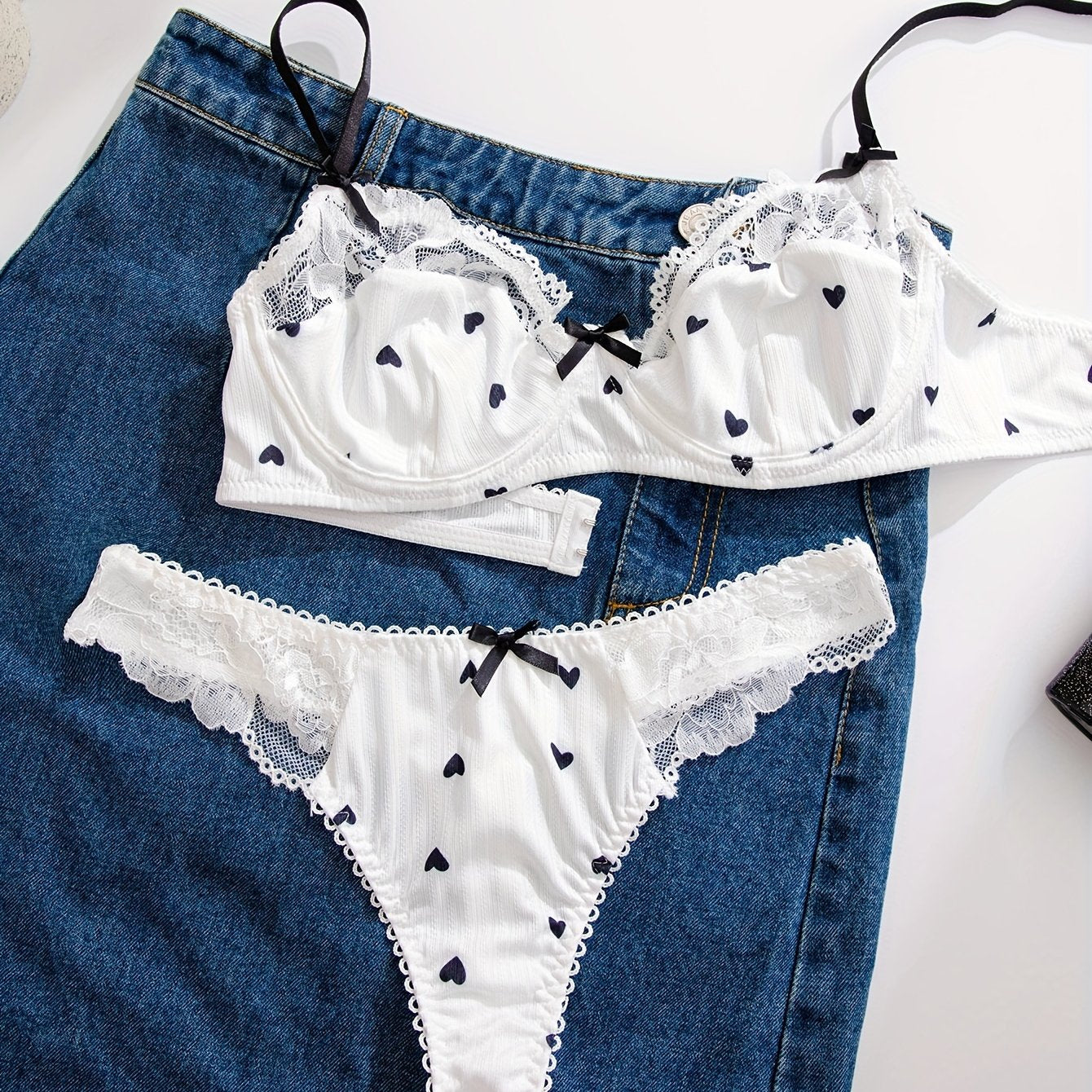 Women's Heart Print Lace Trim Lingerie Set Polyester Blend Hand Wash Casual Elegant