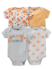 Newborn Baby Short Sleeve One-Piece Suits Set with Alphabet Print and Embroidery 4-Piece Cotton