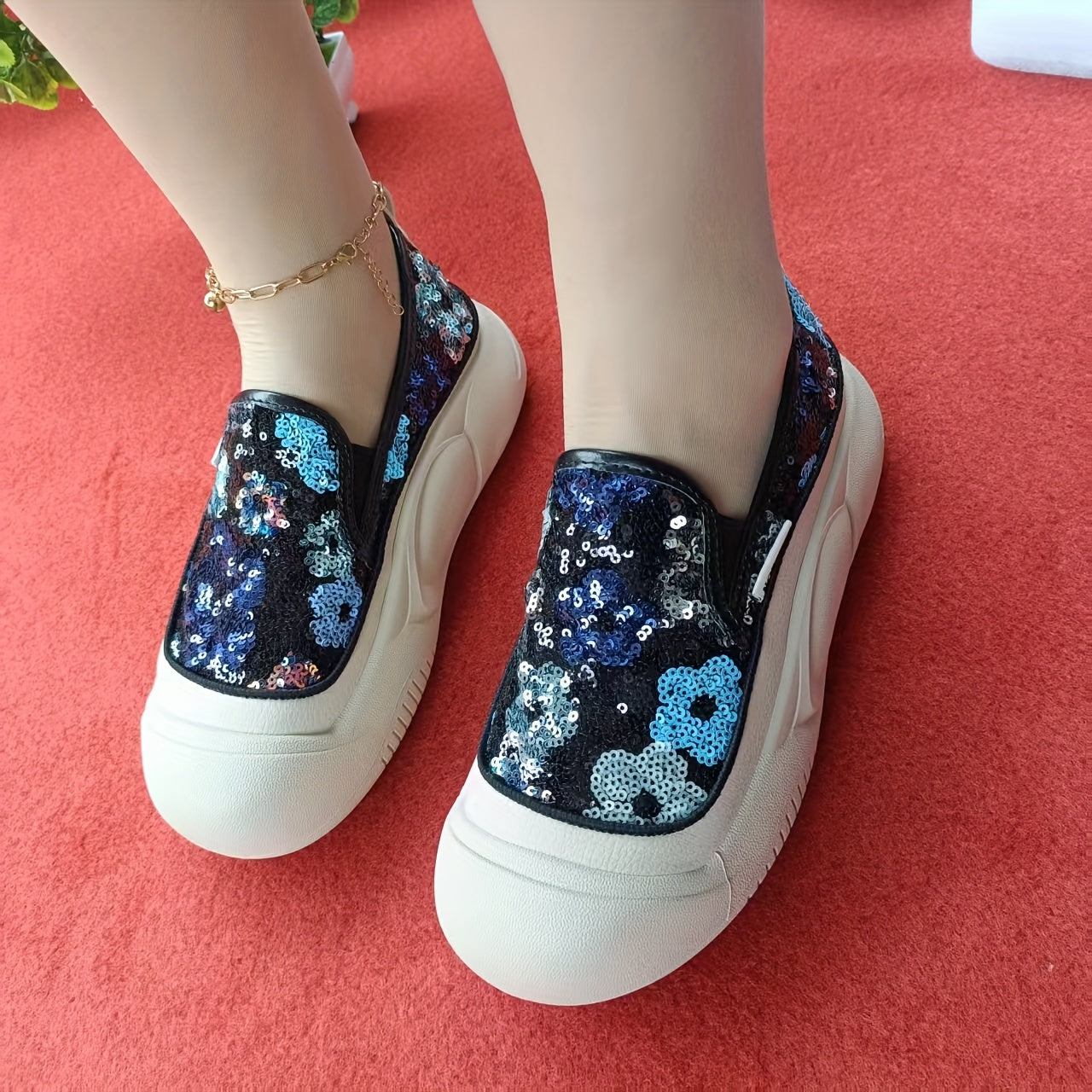 Women's Floral Glitter Casual Sneakers with Cushioned Insole and Rubber Sole