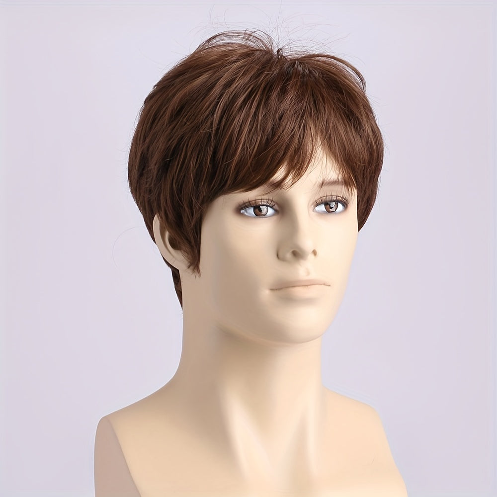 Short Curly Brown Wig for Men with Side Bangs, Heat Resistant Synthetic Fiber
