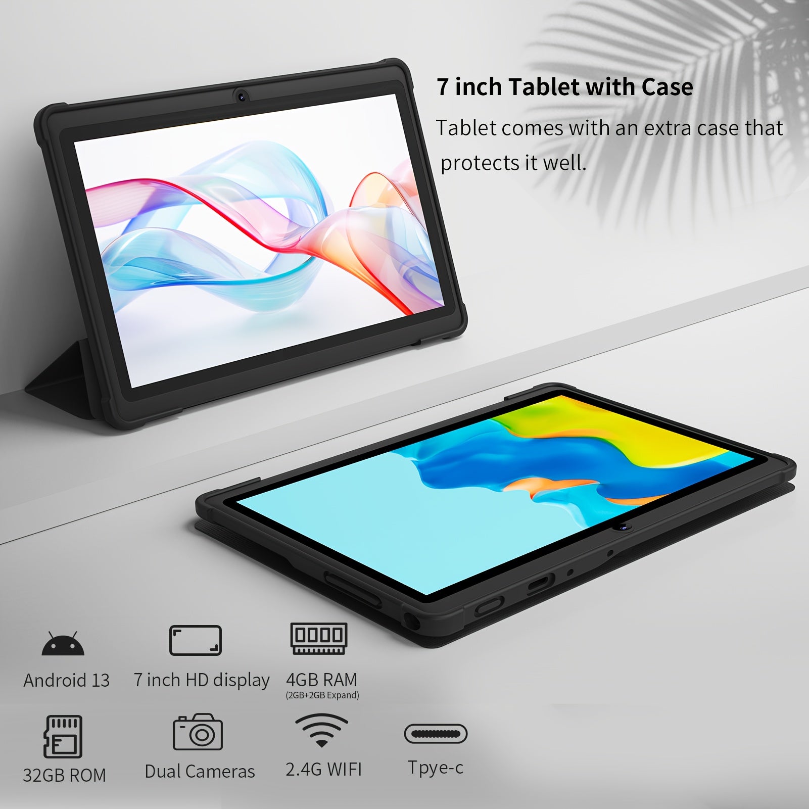 7-Inch Android 13 Tablet with 4GB RAM, 32GB Storage, HD IPS Display, Dual Cameras, Dual Wi-Fi, Protective Case