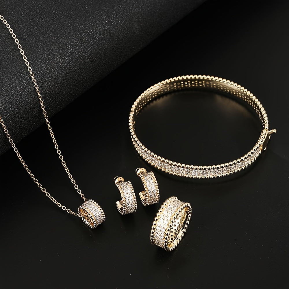 Women's Gold Plated Copper Jewelry Set with Synthetic Zirconia Necklace Earrings Bracelet Ring
