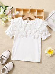 Girls' Cotton Knit Top with Lace Collar for Summer Breathable and Machine Washable