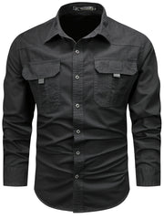 Men's Cotton Cargo Shirt Long Sleeve Casual Outdoor Wear with Large Pockets