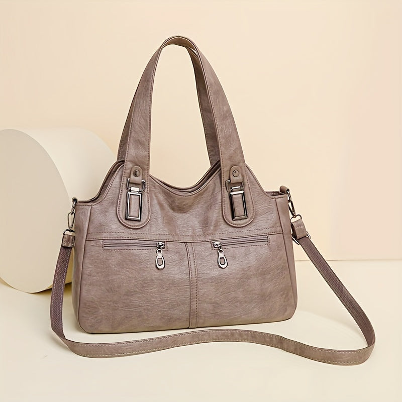 Retro PU Leather Tote Bag with Multiple Pockets Large Capacity Casual Shoulder Crossbody Bag