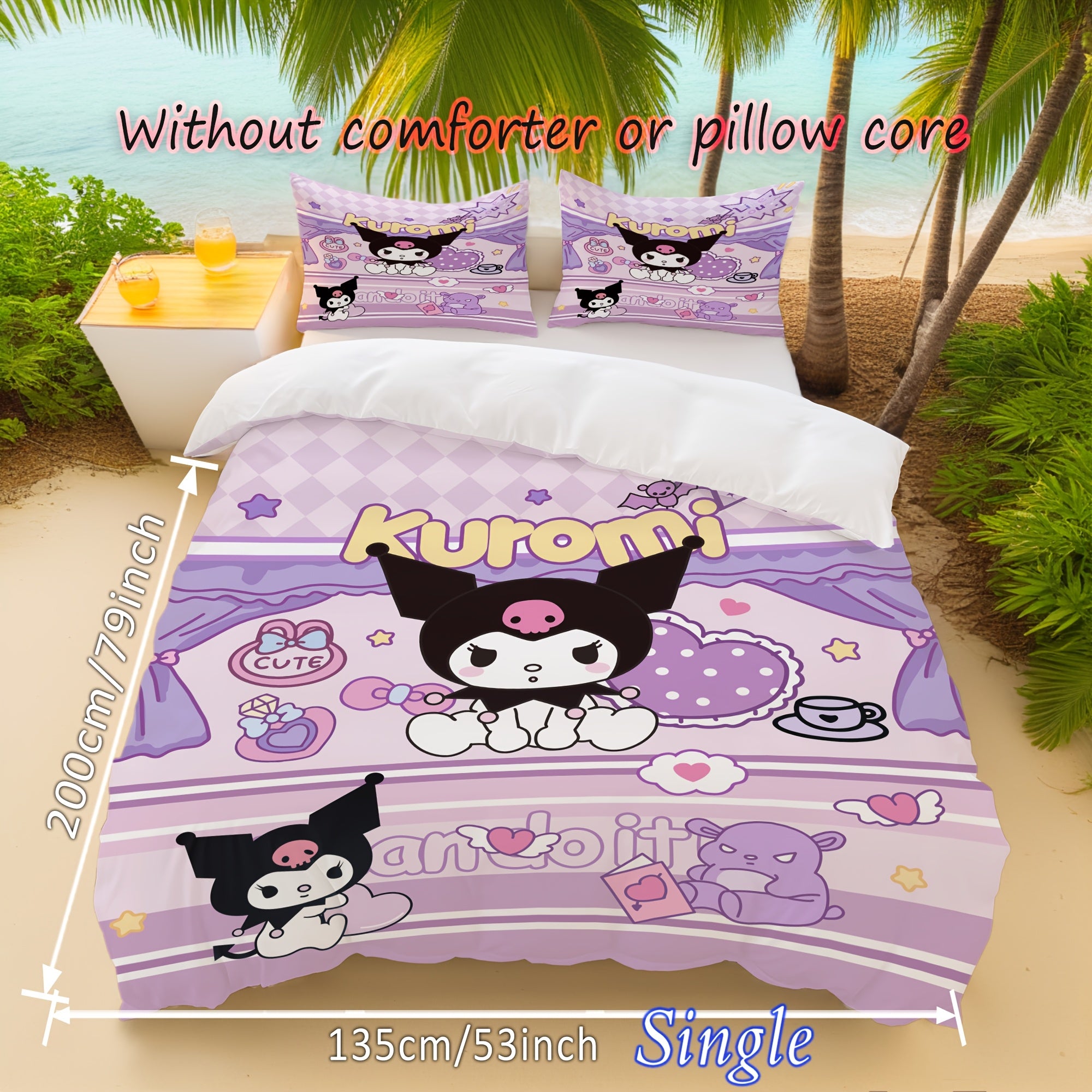 Anime Polyester Bedding Set for Teens Purple Duvet Cover with Zipper Closure