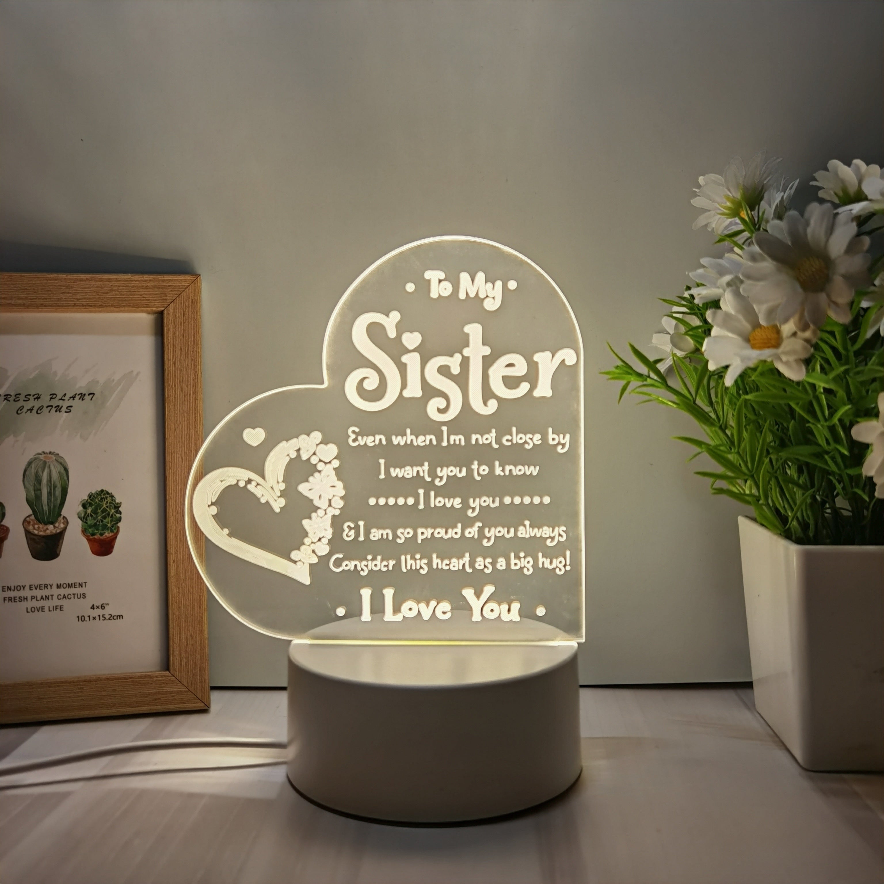 3D LED Night Light for Sister USB Powered Bedside Lamp Love Message Decoration Indoor Gift Black Beige