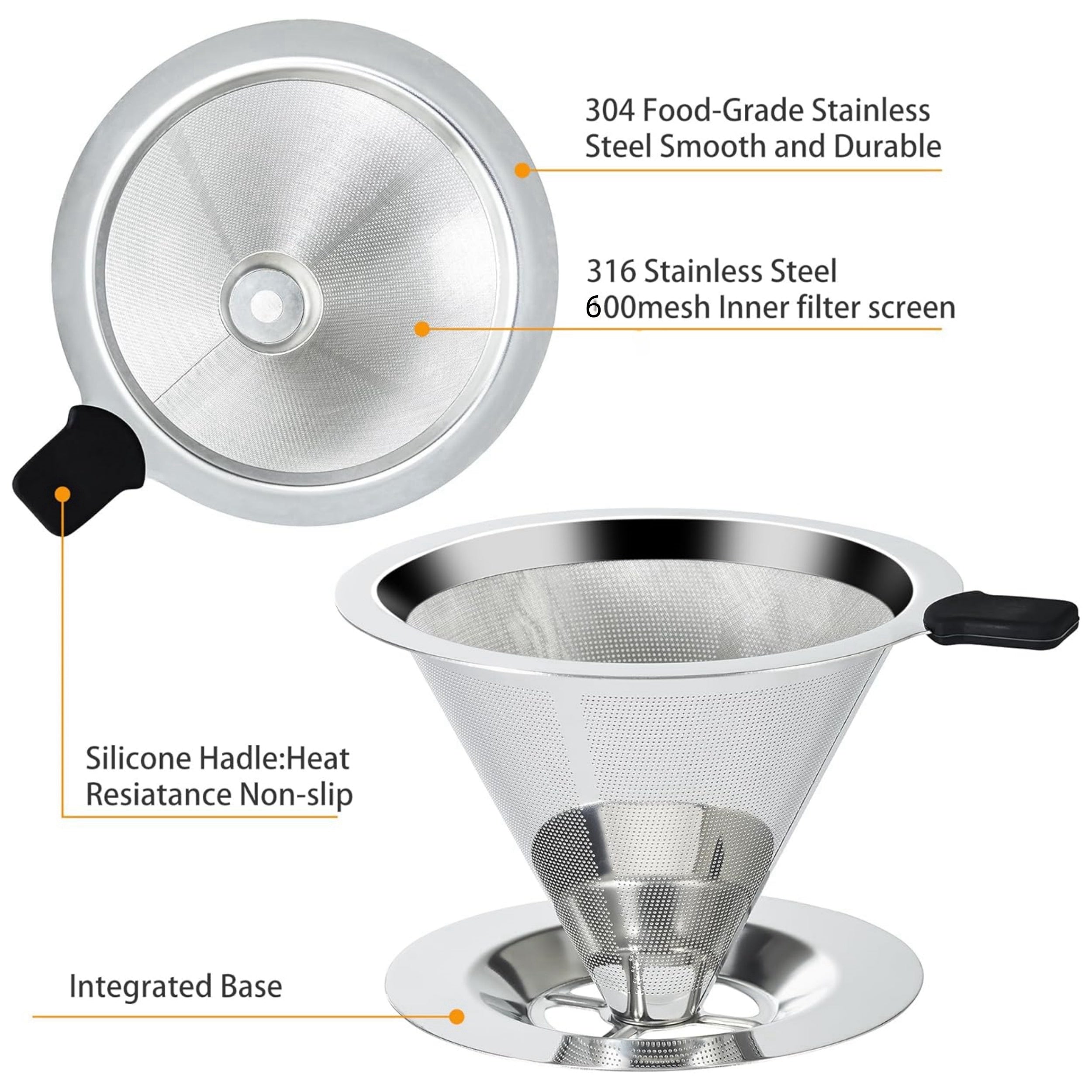 Single Cup Stainless Steel Pour Over Coffee Filter Double Mesh Cone Strainer