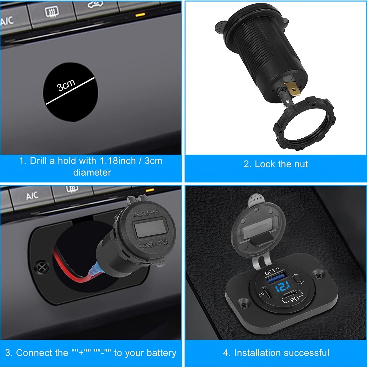 Fast Charging Car Charger USB Type-C QC3.0 Dual PD Ports LED Display