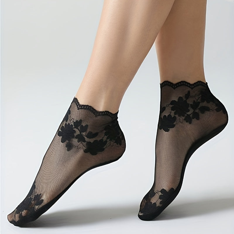 Women's Sheer Lace Ankle Socks 3 Pairs Cotton Polyester Spandex Solid