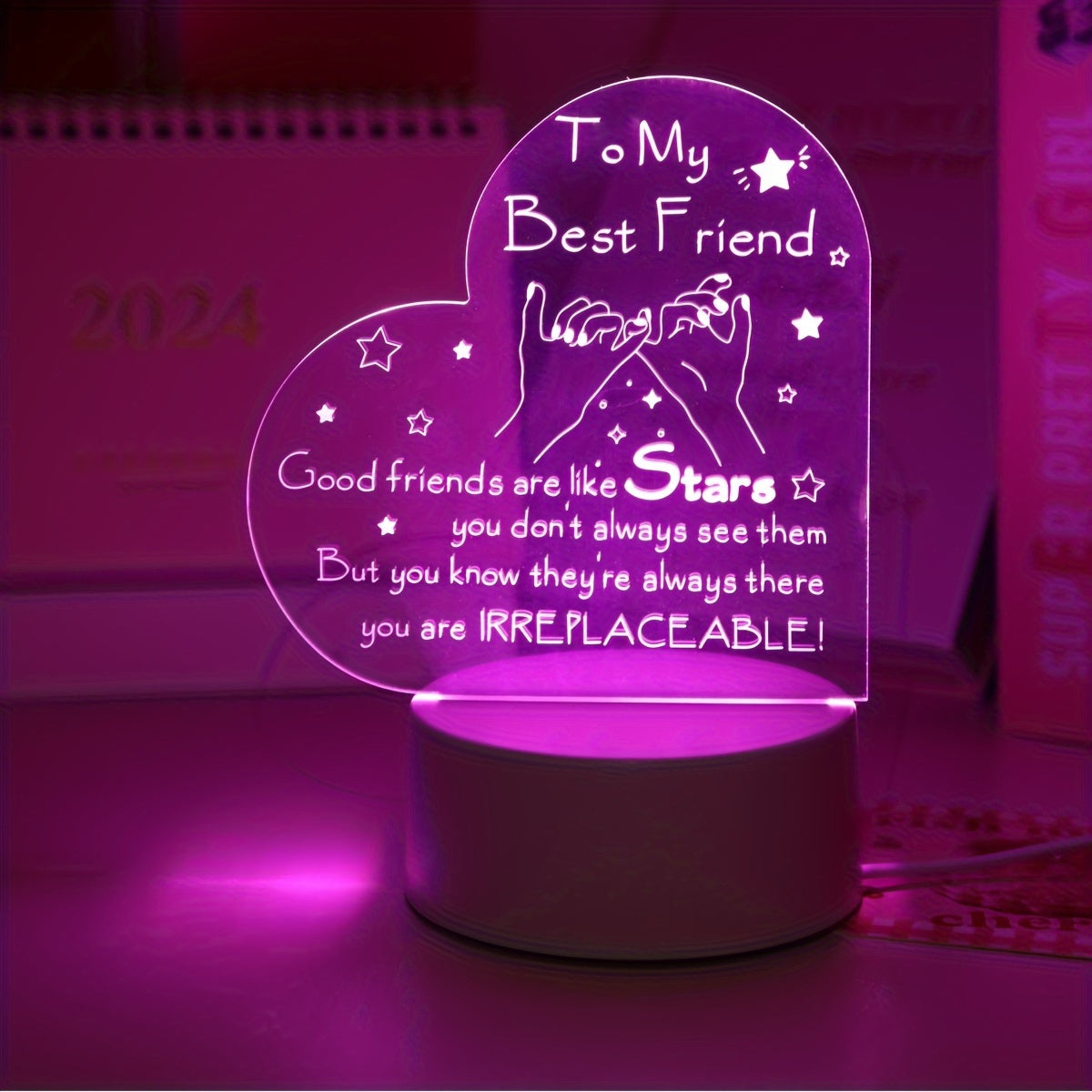 Pink 3D LED Night Light with Inspirational Message USB Powered for Bedroom Decor