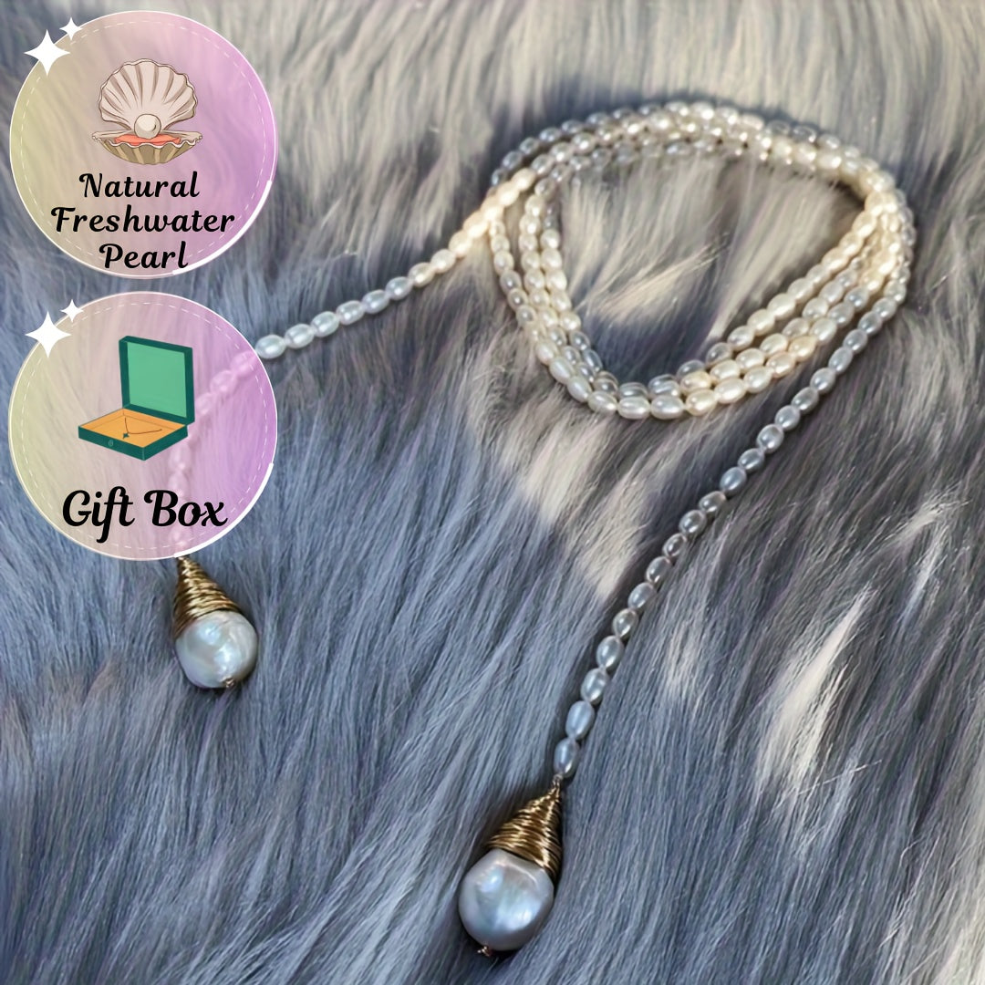 Women’s Boho Style Freshwater Baroque Pearl Necklace with Double Pendant