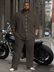 Men's Plus Size Casual Outfit Set Long Sleeve Button-Up Shirt and Pants with Pockets