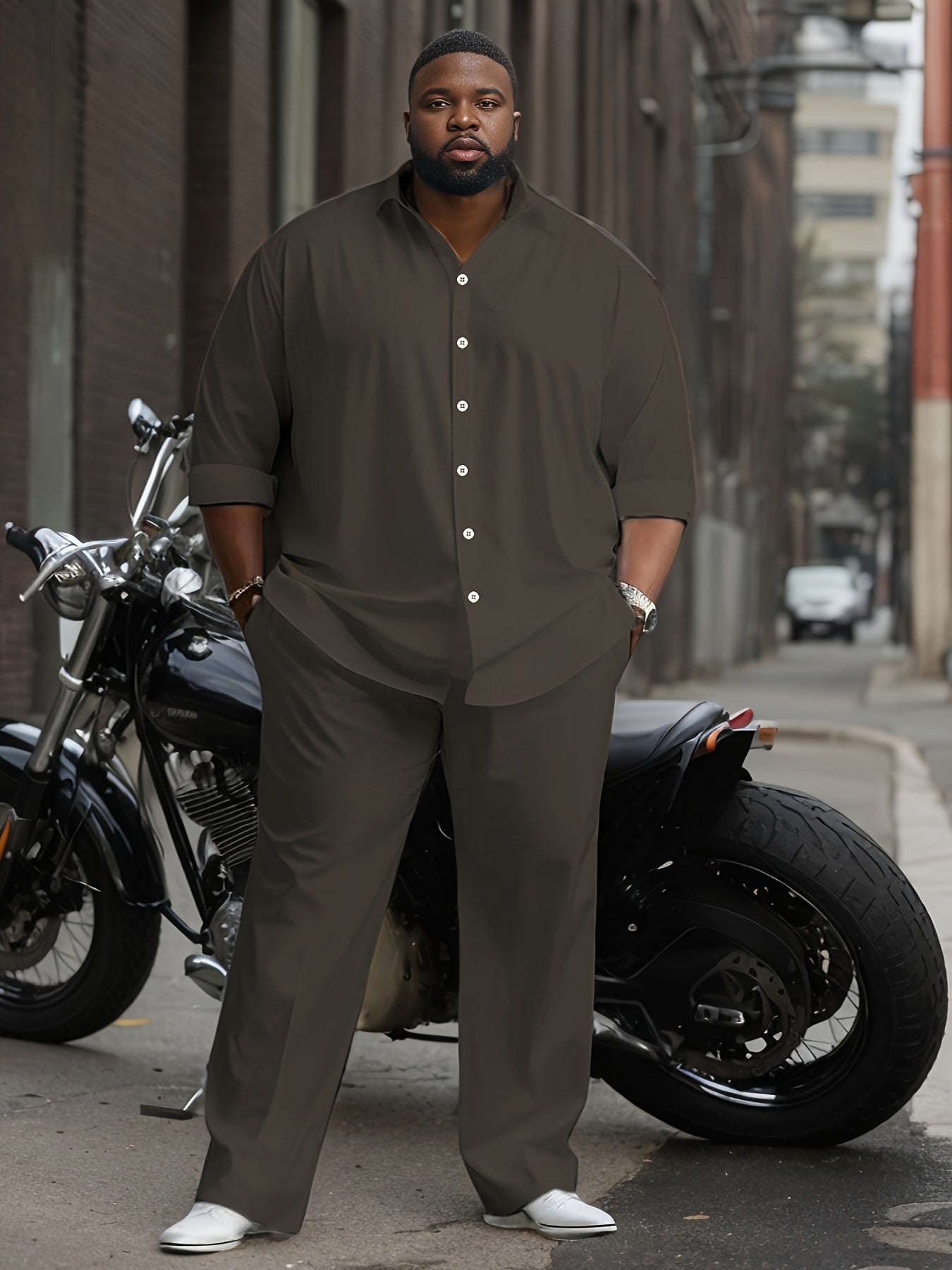 Men's Plus Size Casual Outfit Set Long Sleeve Button-Up Shirt and Pants with Pockets