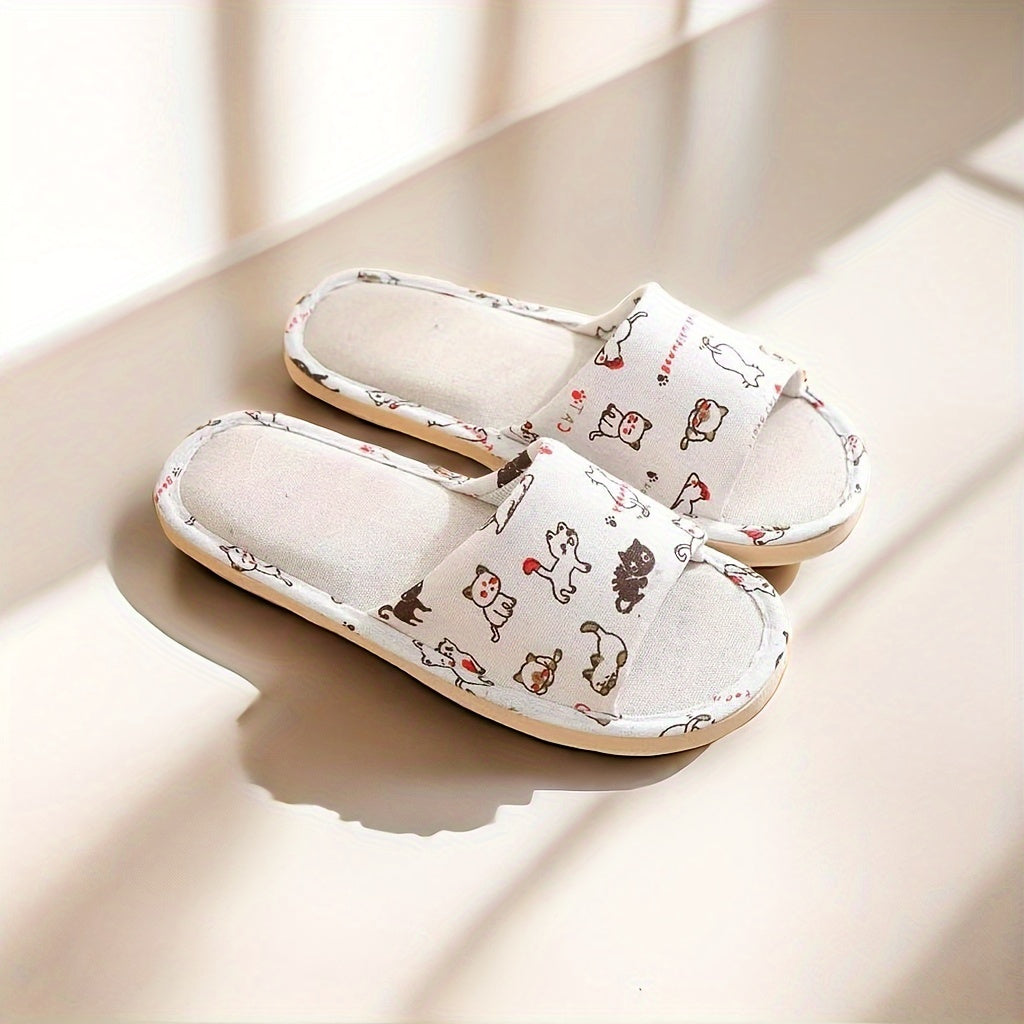 Women Flower Pattern Slippers Open Toe Linen Indoor Shoes