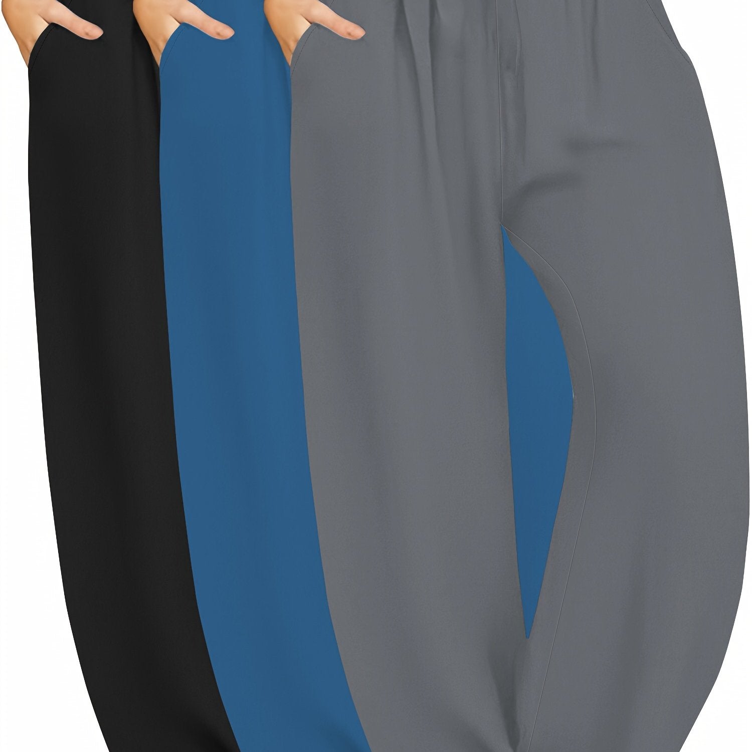 Plus Size High Waist Wide Leg Pants with Pockets and Drawstring in Solid Color 3-Pack