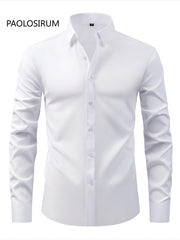 Men's Black Long Sleeve Shirt with Lapel Collar Polyester Stretch Regular Fit for Casual Business