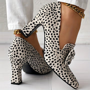 Women's Cheetah Print Pumps Rhinestone Bow Slip-On Pointed Toe Chunky Heels