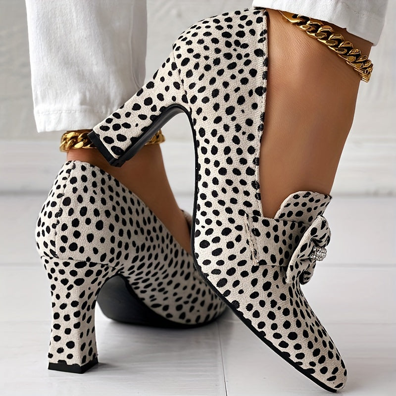 Women's Cheetah Print Pumps Rhinestone Bow Slip-On Pointed Toe Chunky Heels
