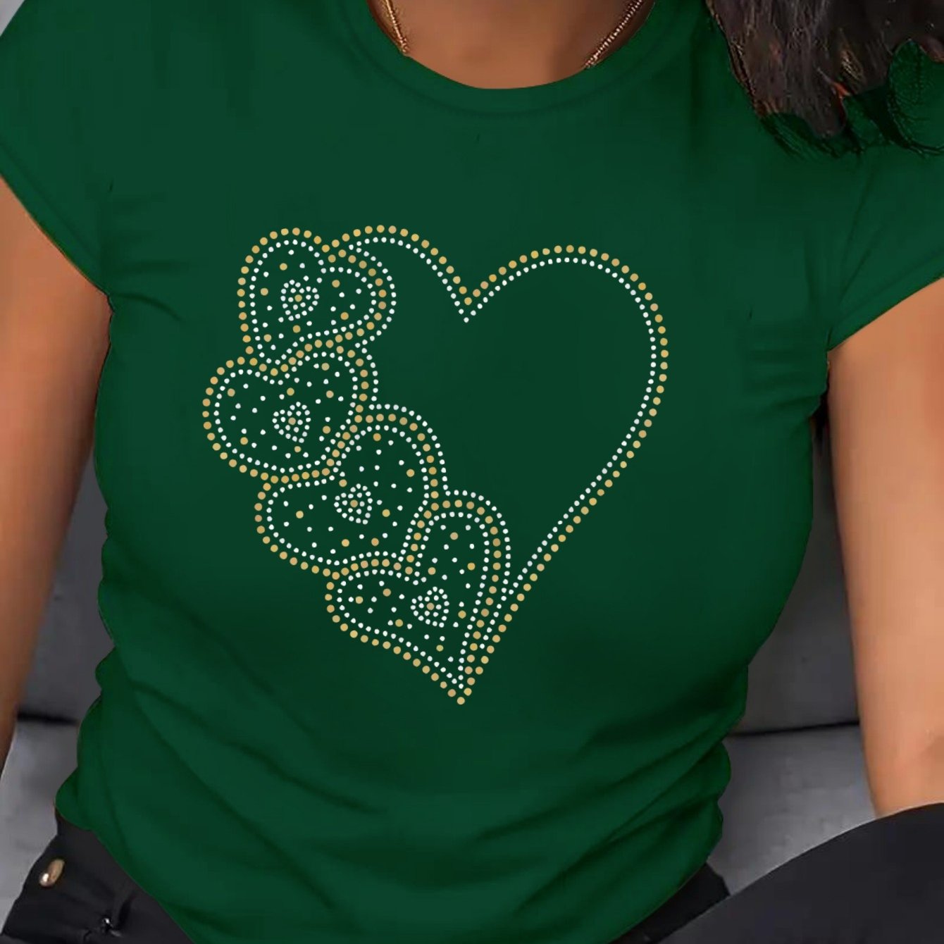 Plus Size Women's Casual T-Shirt with Rhinestone Heart Short Sleeve Beige