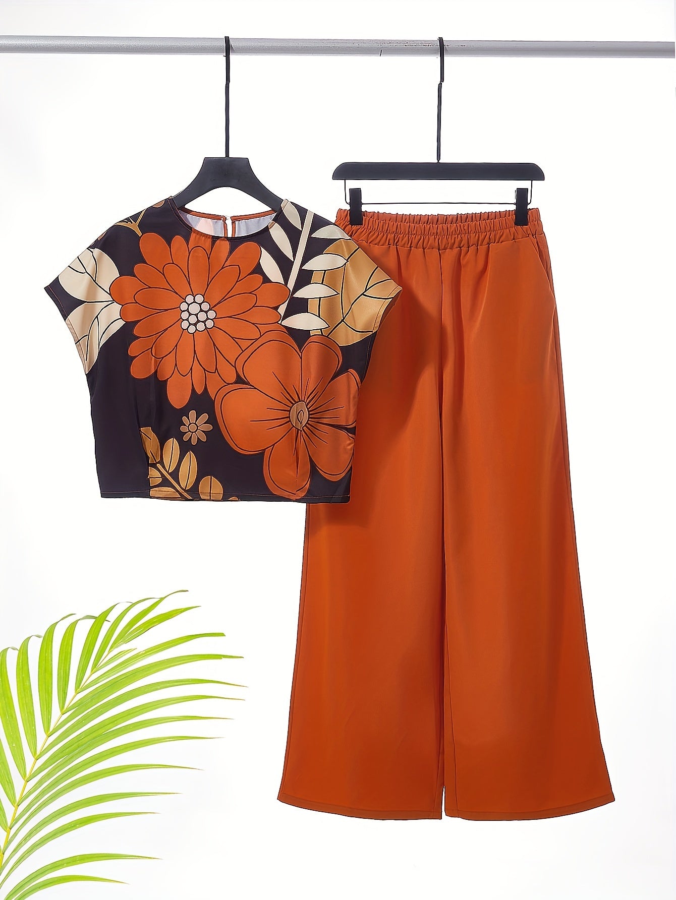 Conjunto de dos piezas para mujer con top de cuello redondo y pantalones de pierna ancha, primavera y verano, poliéster