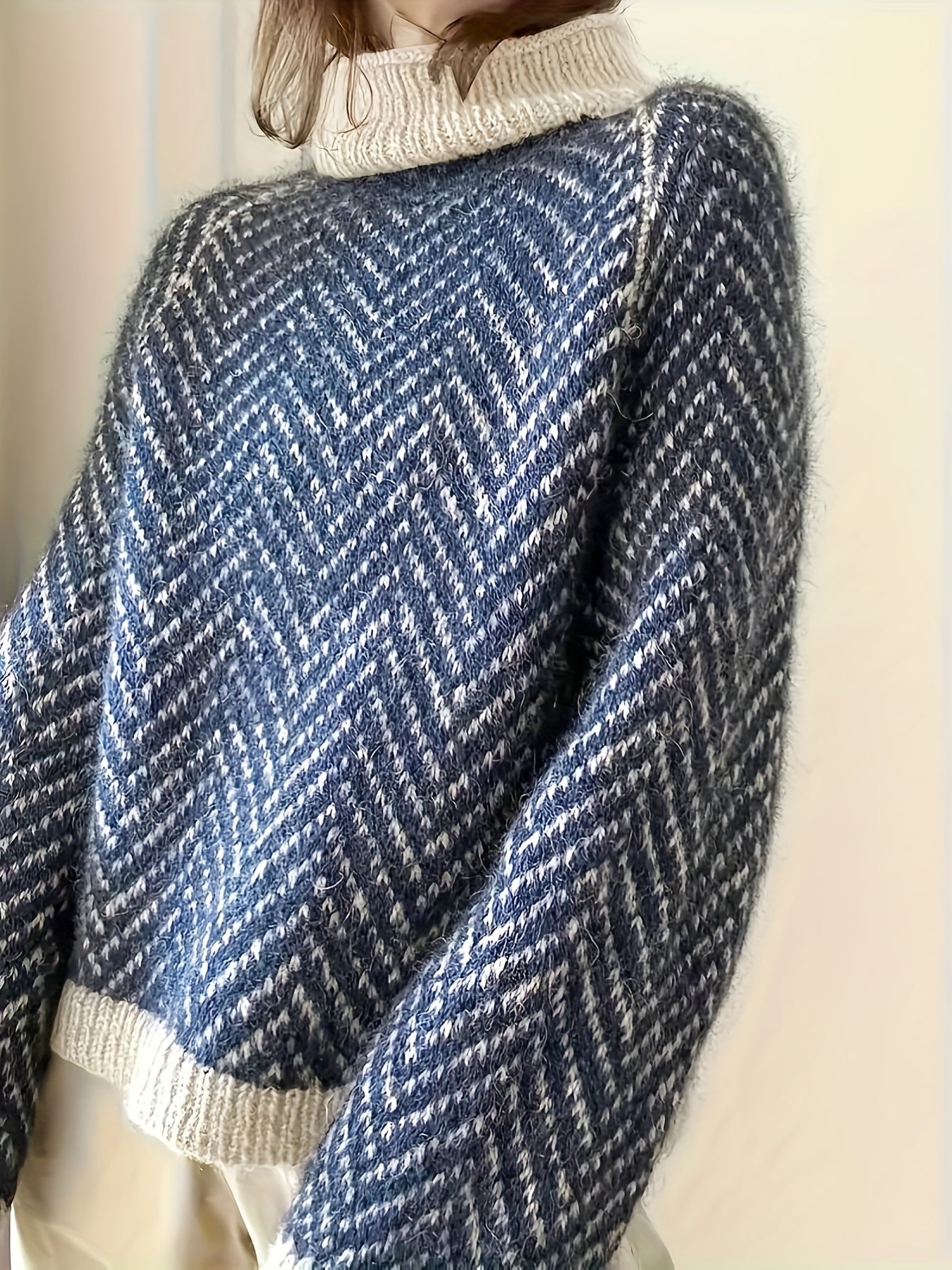 Свитер женский большого размера с геометрическим узором волны, мягкий, с длинными рукавами