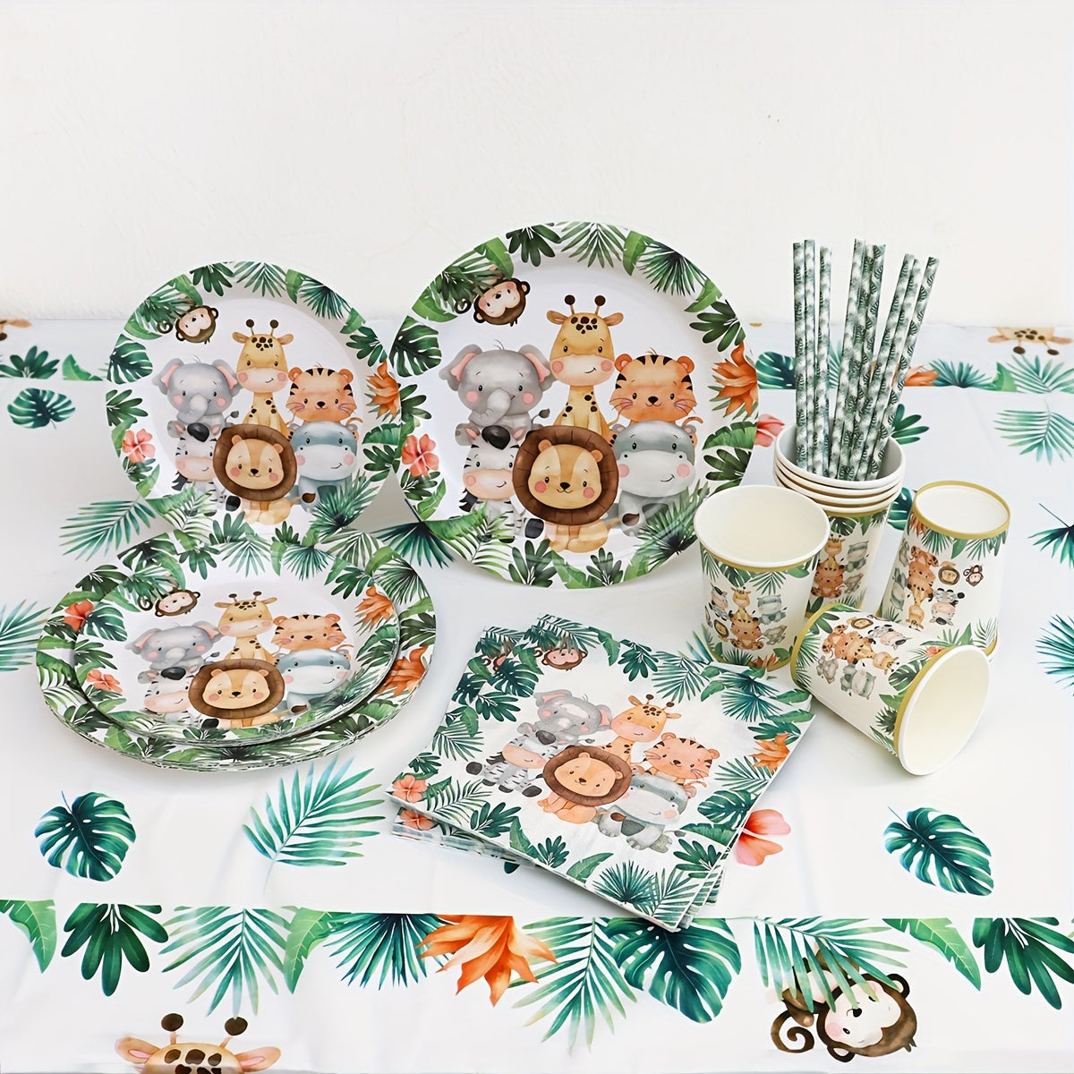 Juego de vajilla con tema de animales de la jungla, 106 piezas: platos, tazas, pañuelos, pajitas y mantel
