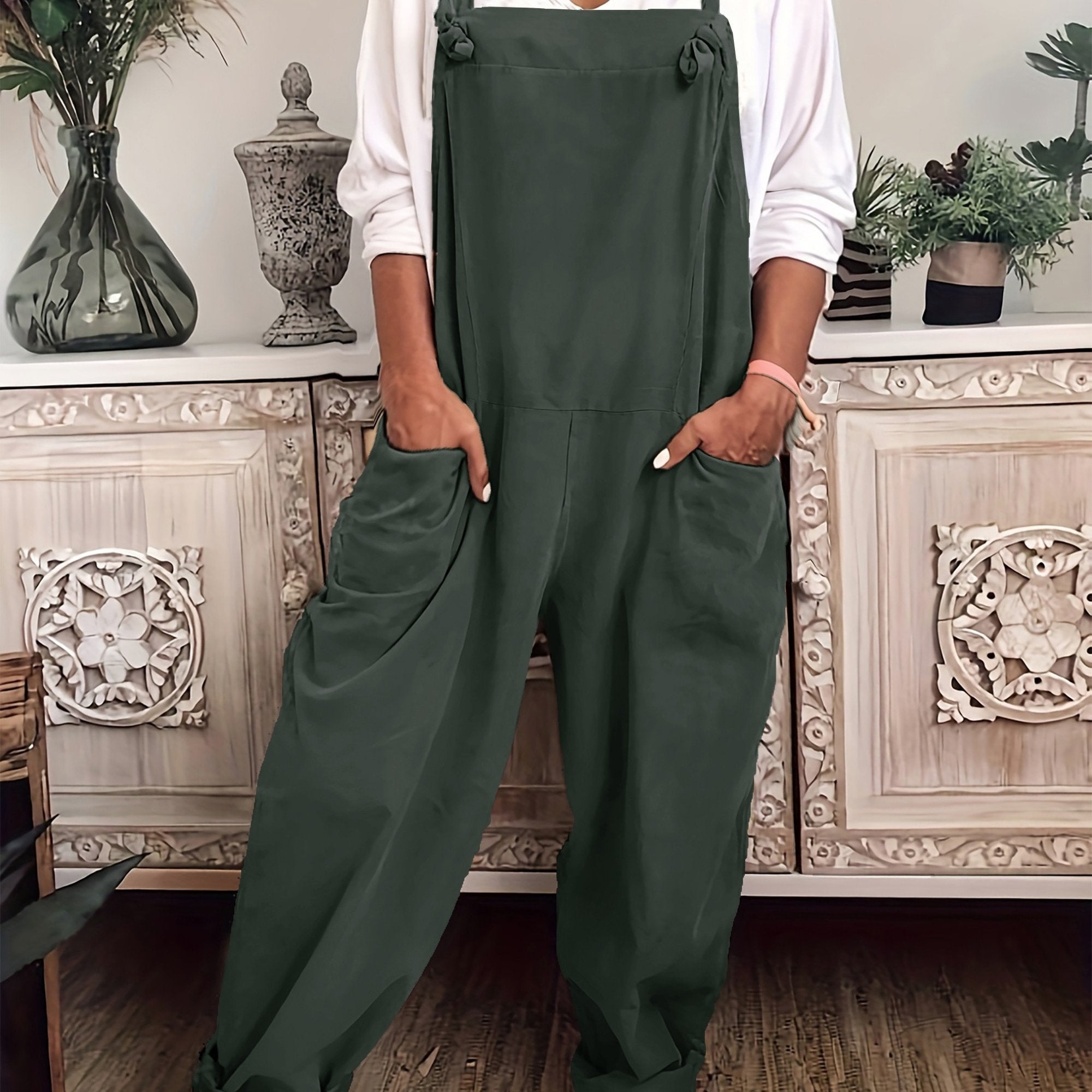 Plus Size Women Solid Knot Overall Jumpsuit Casual Summer Spring