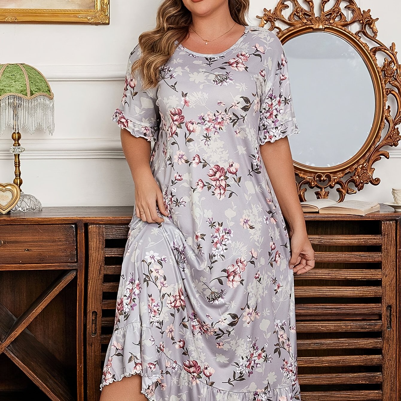 Plus Size Floral Print Short Sleeve Nightgown Dress