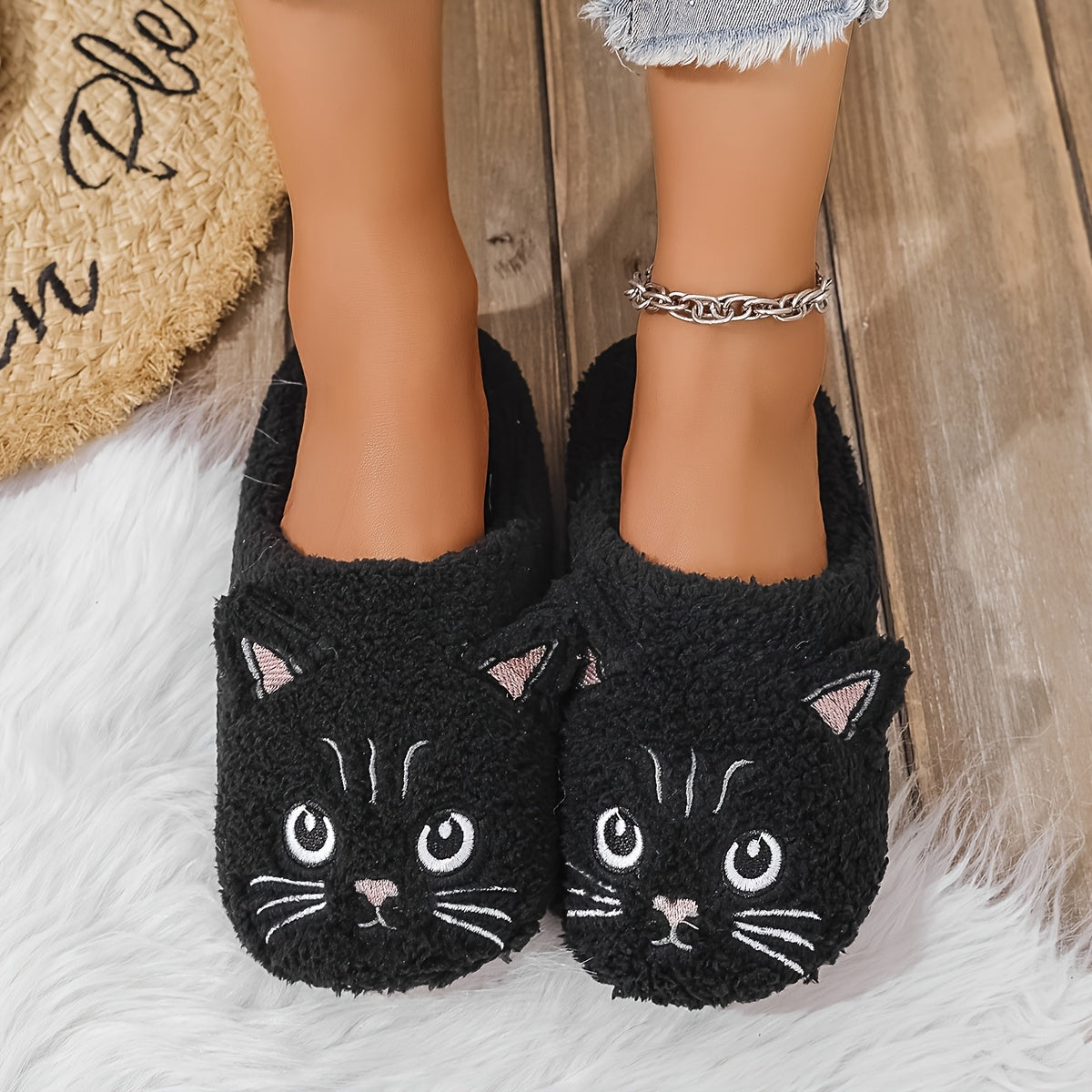 Women's Cartoon Cat Slippers Soft Plush Non-Slip Indoor House Shoes Grey Black