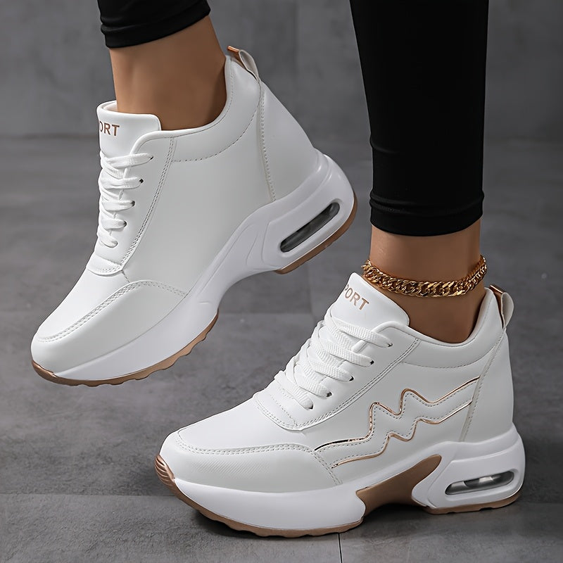 Women's Breathable Casual Sneakers with Air Cushion, White and Rose Gold